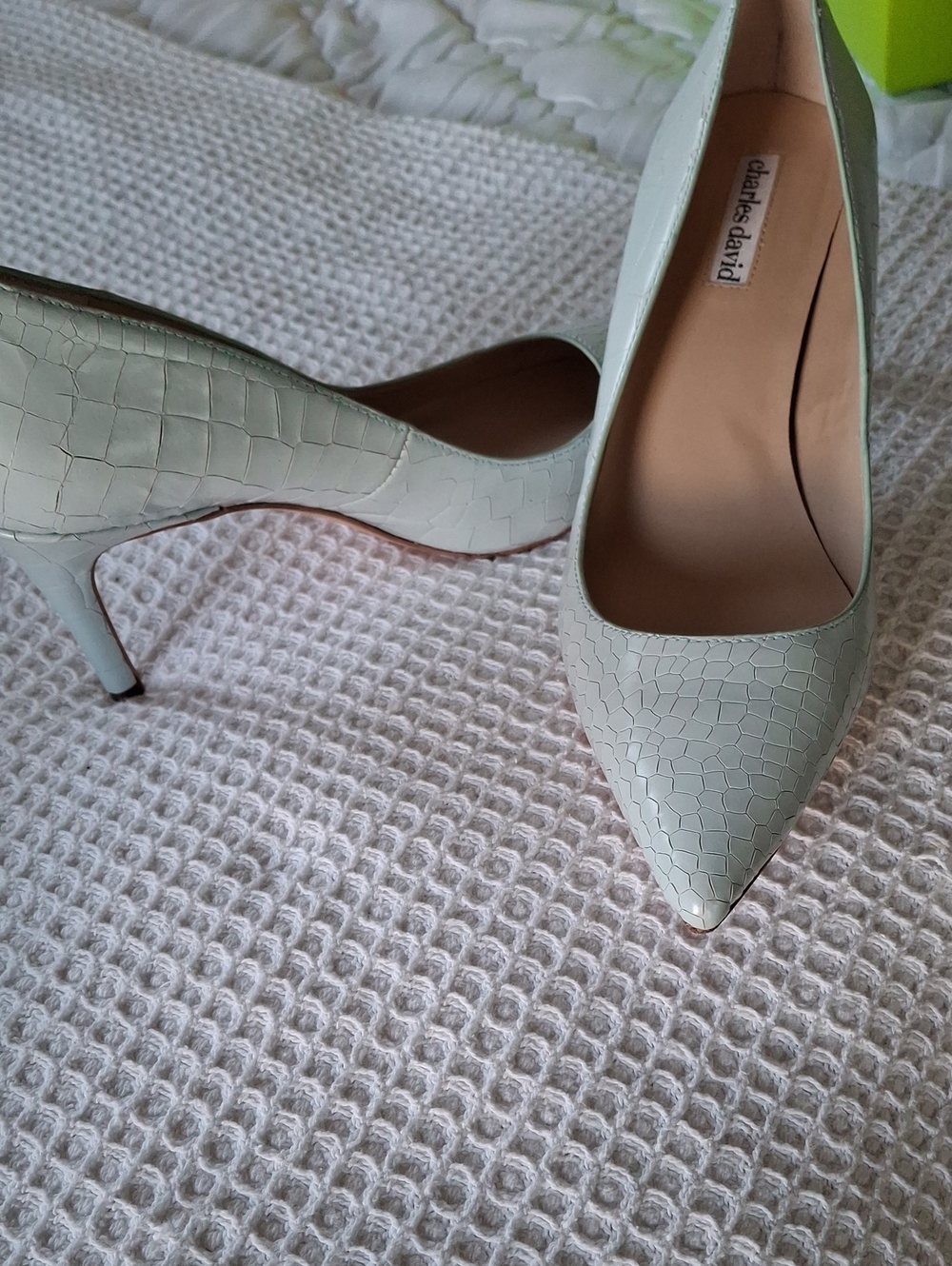 Charles David Mint Croc-Embossed Pointed Toe Pumps